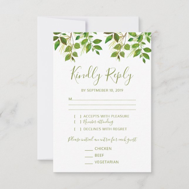 Elegant Greenery Wedding RSVP 3 Entree Card (Front)