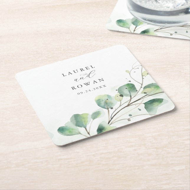 Elegant Greenery Wedding Square Paper Coaster (Angled)