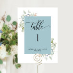 Elegant Greenery Wedding Table Number, Mist Blue<br><div class="desc">Help your guests find their table with this elegant greenery table number card. Matching seating plan cards available. Frame in mist blue with delicate greenery watercolor details showcasing your table number personalised with name(s) and event. Double sided cards so guests can look from both, front or back. Clear space all...</div>