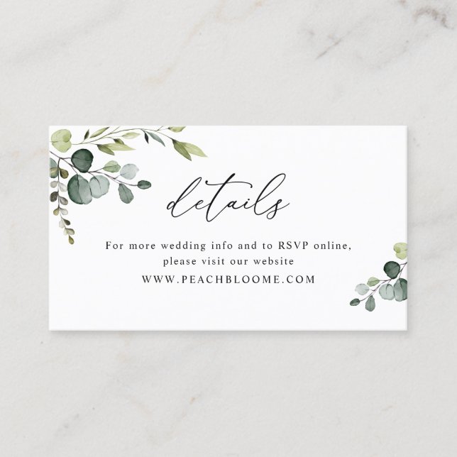 Elegant Greenery Wedding Website Details Card (Front)