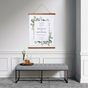 Elegant Greenery Wedding Welcome Sign Hanging Tapestry