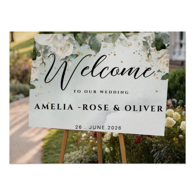 Elegant Greenery Wedding Welcome Sign,  Poster (Front)