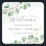 Elegant Greenery Wedding Welcome Square Sticker<br><div class="desc">These elegant greenery wedding welcome stickers are perfect for a simple wedding. The modern elegant design features a natural botanical arrangement of eucalyptus, leaves and plants with a subtle mint green watercolor wash accent. Personalise these stickers with the location of your wedding, names, and wedding date. These labels are perfect...</div>