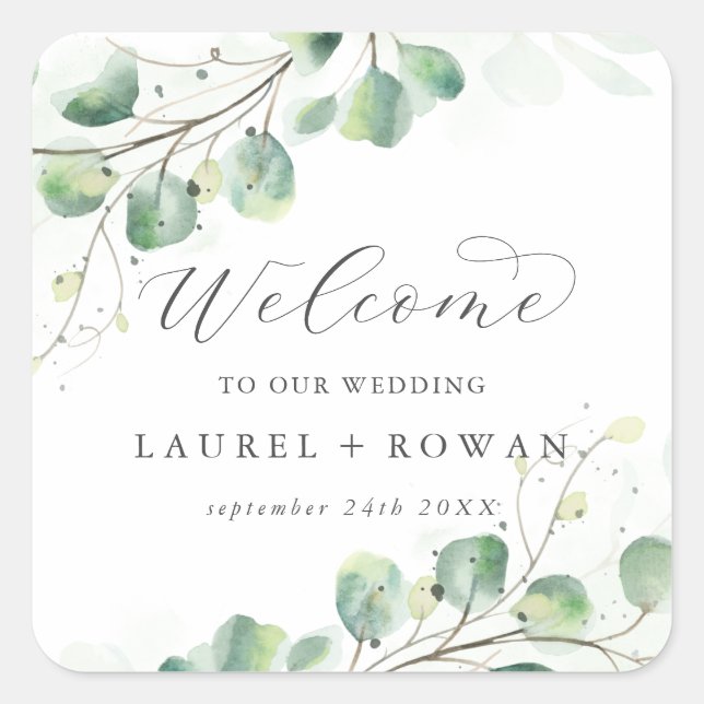 Elegant Greenery Wedding Welcome Square Sticker (Front)