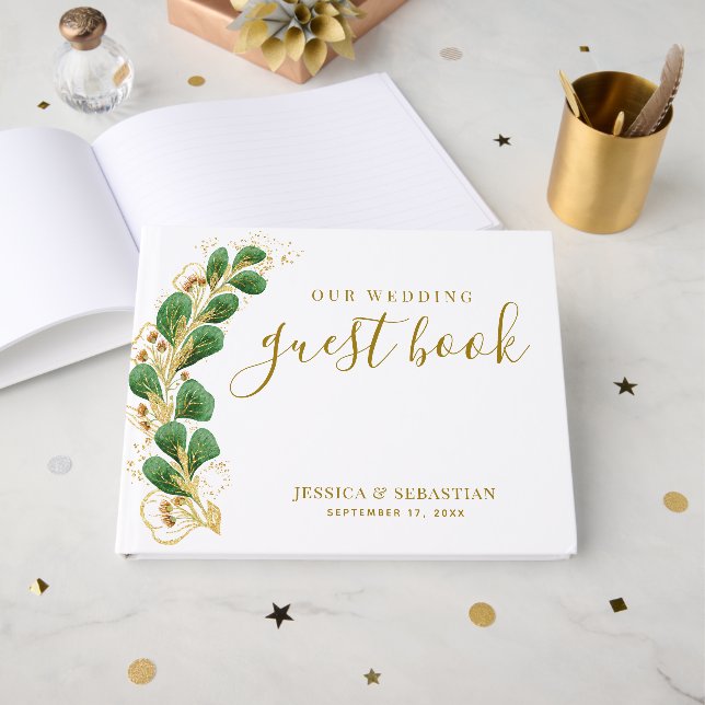 Elegant Greenery White and Gold Photo Wedding  Guest Book (Front Open)
