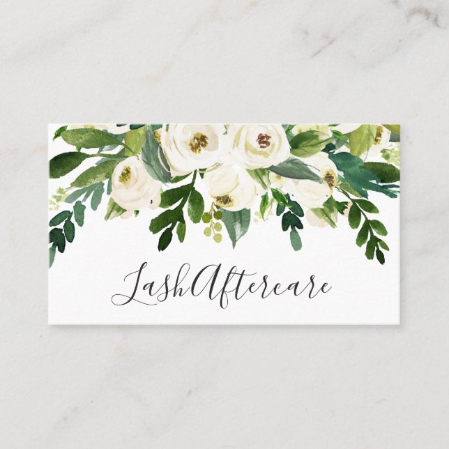 Elegant Greenery White Floral Aftercare Lashes Business Card (Front)