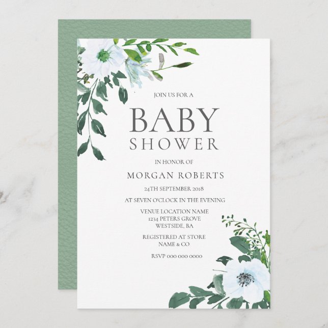 Elegant Greenery White Floral Baby Shower Invite (Front/Back)