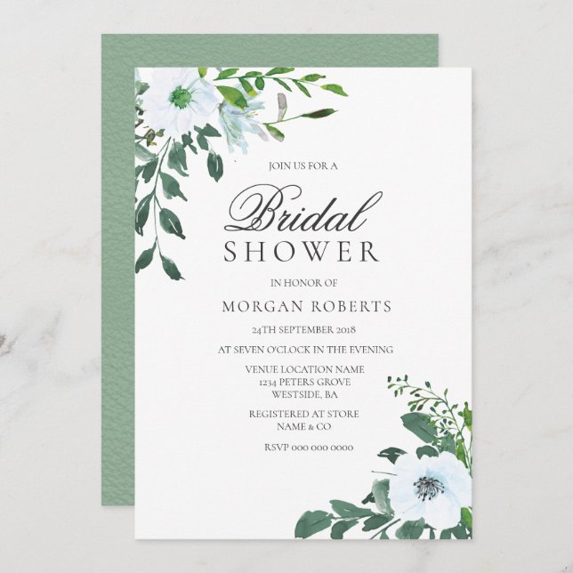 Elegant Greenery White Floral Bridal Shower Invite (Front/Back)