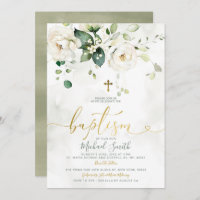 Elegant Greenery White Floral Gold Cross Baptism