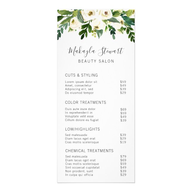 Elegant Greenery White Floral Salon Price List Rack Card (Front)