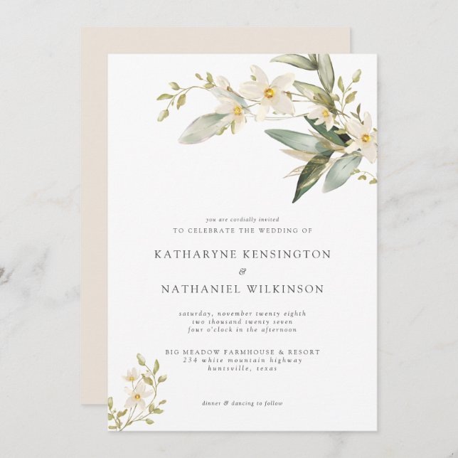 Elegant Greenery White Floral Wedding Invitation (Front/Back)