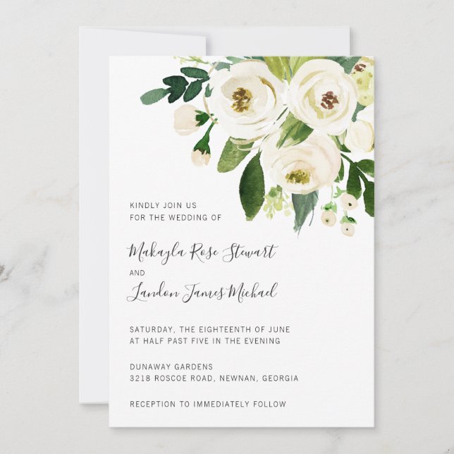 Elegant Greenery White Floral Wedding Invitation (Front)