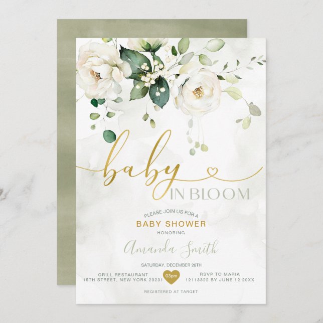 Elegant Greenery White Flowers Baby In Bloom Invitation (Front/Back)