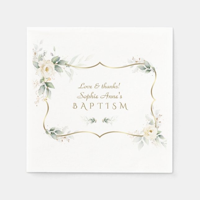 Elegant Greenery White Flowers Gold Cross Baptism Napkin (Front)