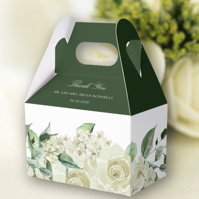 Elegant Greenery White Flowers Wedding Favour Box (Wedding favor box with white flowers and greenery. Perfect for treats such as donuts, cookies, cakes)