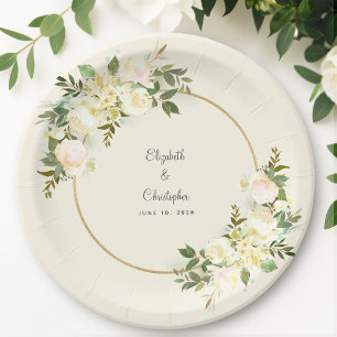 Elegant Greenery White Rose Floral Chic Gold Frame Paper Plate