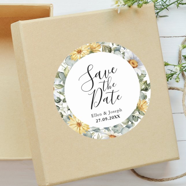 Elegant Greenery Wildflower Wedding Save The Date Classic Round Sticker (Creator Uploaded)
