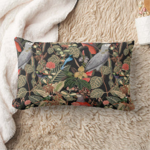 Elegant Greenery with Birds on Black Lumbar Cushion