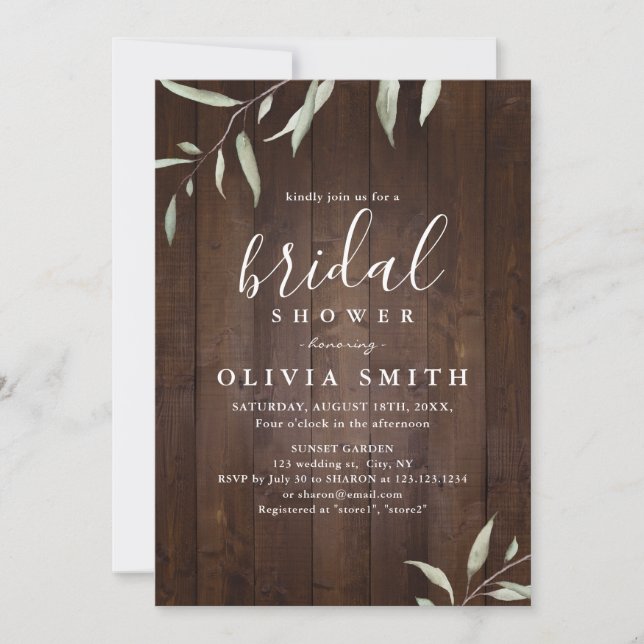 Elegant greenery wood county rustic bridal shower invitation (Front)