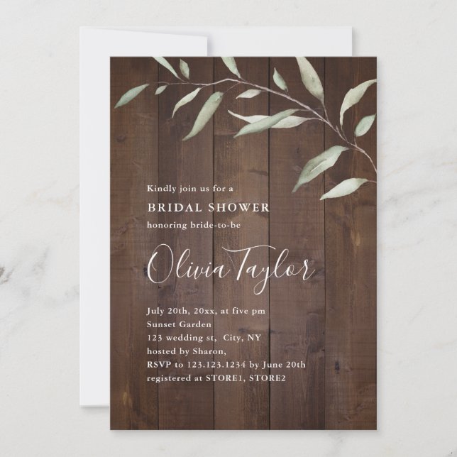 Elegant greenery wood county rustic bridal shower invitation (Front)