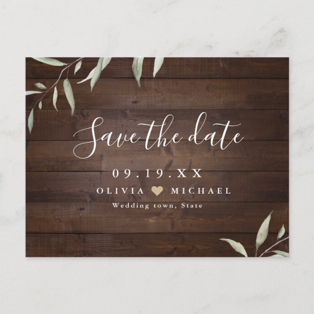 Elegant greenery wood county rustic save the date postcard (Front)