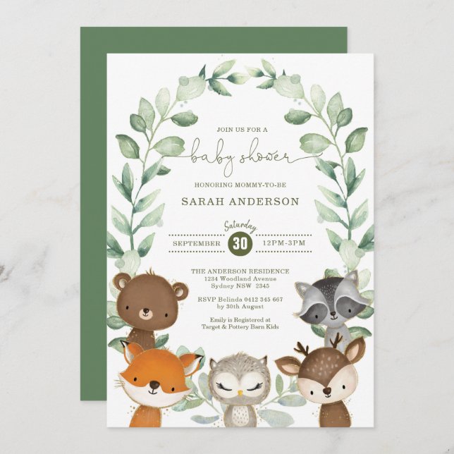 Elegant Greenery Woodland Animals Baby Shower Invitation (Front/Back)