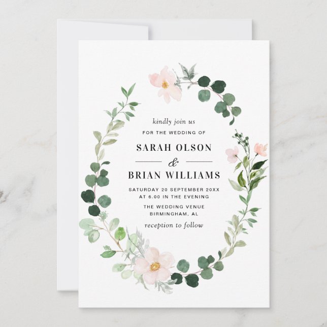 elegant greenery wreath blush floral wedding invitation (Front)