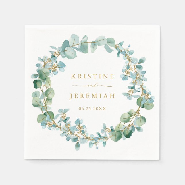 Elegant Greenery Wreath Gold Eucalyptus Wedding Napkin (Front)