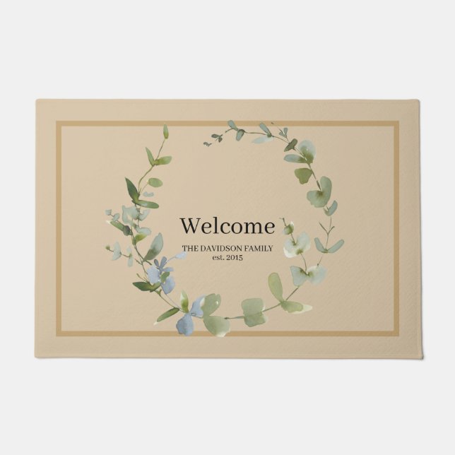 Elegant Greenery Wreath Personalised Welcome Doormat (Front)