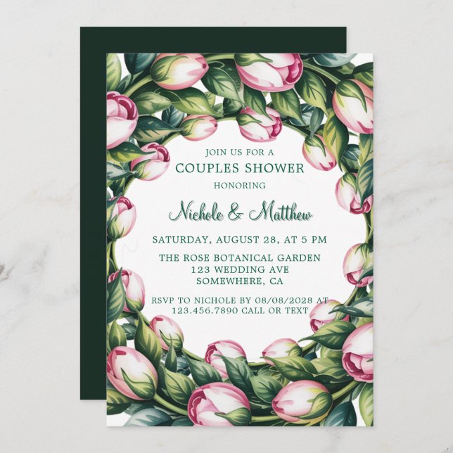 Elegant Greenery Wreath Rose Bud Couples Shower Invitation (Front/Back)