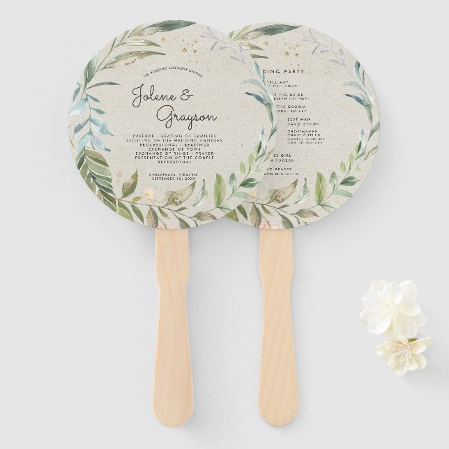 Elegant Greenery Wreath | Wedding Program Hand Fan (Front and Back)