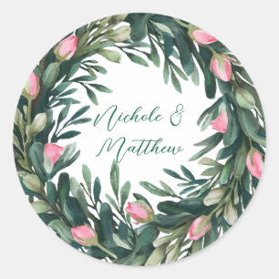 Elegant Greenery Wreath With Pink Rose Bud Wedding Classic Round Sticker