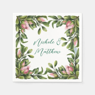 Elegant Greenery Wreath With Pink Rose Bud Wedding Napkin