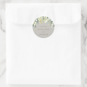 Elegant Greige Snowberry+Eucalyptus Wedding Classic Round Sticker
