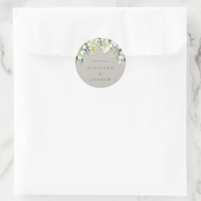 Elegant Greige Snowberry+Eucalyptus Wedding Classic Round Sticker (Bag)