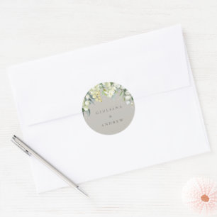 Elegant Greige Snowberry+Eucalyptus Wedding Classic Round Sticker