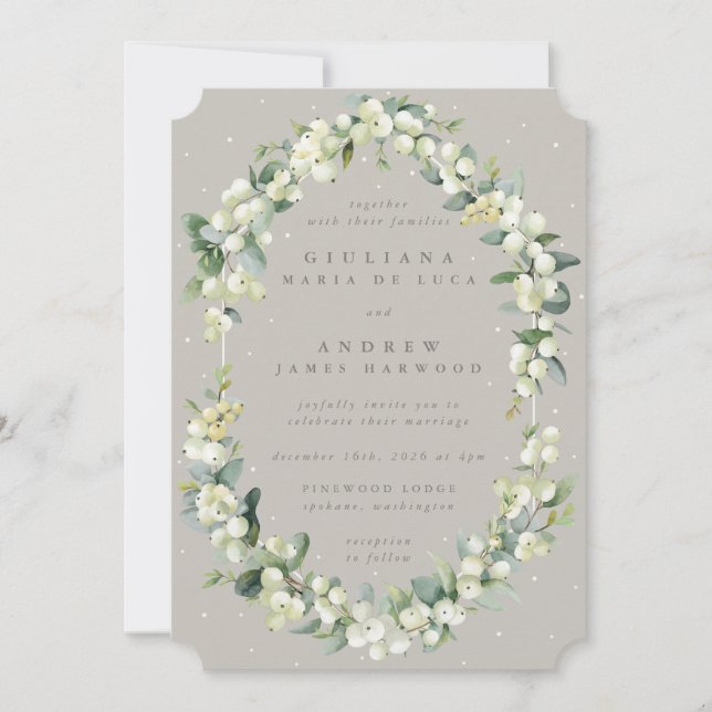 Elegant Greige Snowberry+Eucalyptus Winter Wedding Invitation (Front)