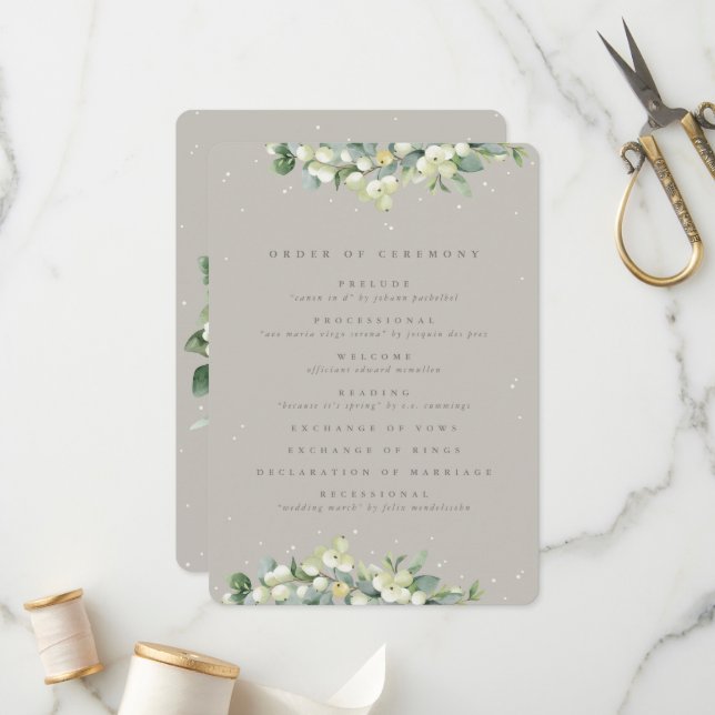 Elegant Greige Snowberry+Eucalyptus Winter Wedding Programme (Front/Back In Situ)