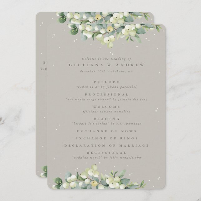 Elegant Greige Snowberry+Eucalyptus Winter Wedding Programme (Front/Back)
