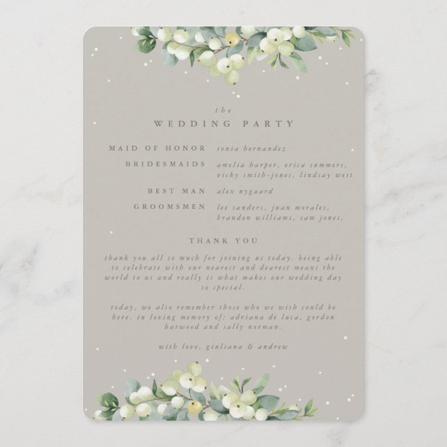 Elegant Greige Snowberry+Eucalyptus Winter Wedding Programme (Back)