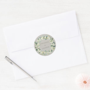 Elegant Greige Snowberry+Eucalyptus Wreath Wedding Classic Round Sticker