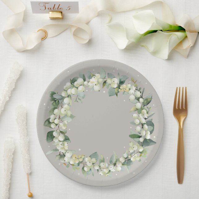 Elegant Greige Snowberry+Eucalyptus Wreath Wedding Paper Plate (Wedding)