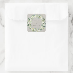 Elegant Greige Snowberry+Eucalyptus Wreath Wedding Square Sticker