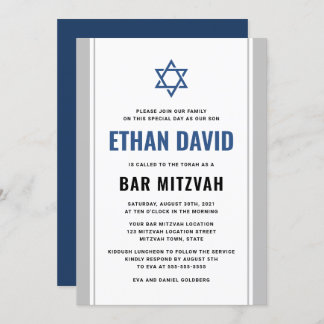 Elegant grey and blue bar mitzvah invitation