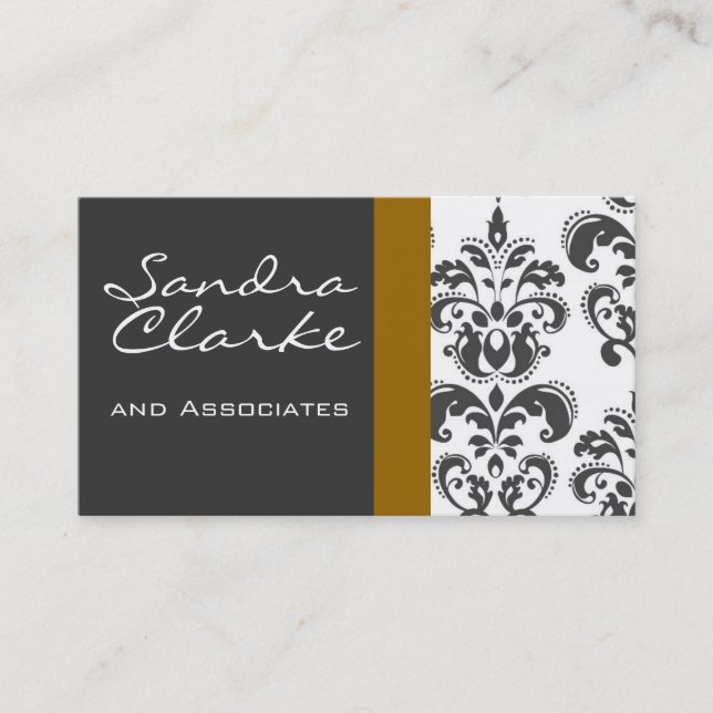 Elegant Grey and Gold Damask Pattern Business Card (Front)