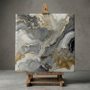 Elegant Grey and Gold Liquid Marble Agate Tile