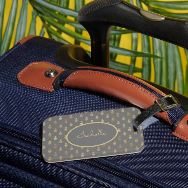 Elegant Grey and Gold Pineapple Personalised  Luggage Tag (Front Insitu 3)