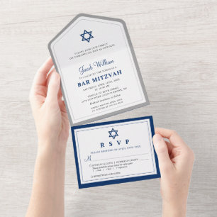 Elegant Grey and Navy Blue Bar Mitzvah All In One All In One Invitation