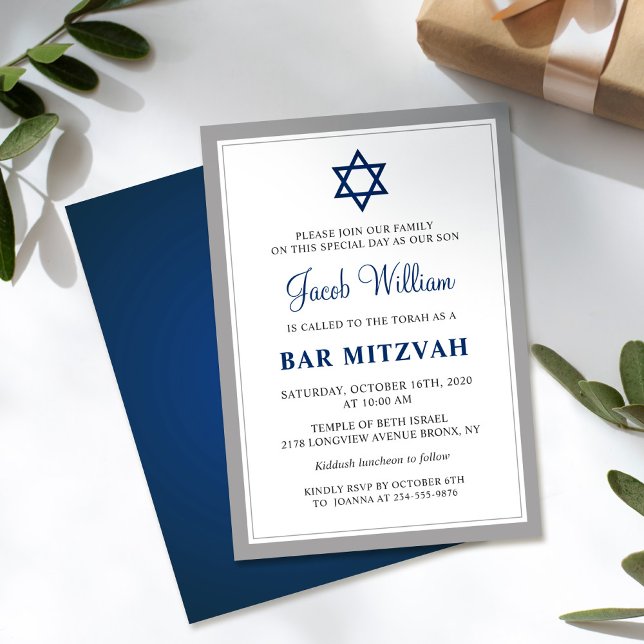Elegant Grey and Navy Blue Bar Mitzvah Invitation (Creator Uploaded)