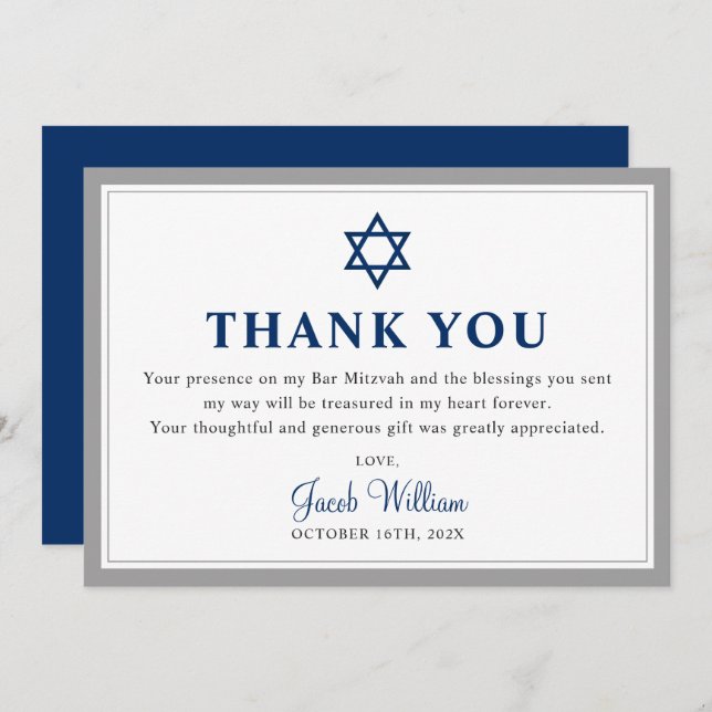 Elegant Grey and Navy Blue Bar Mitzvah Thank You Card (Front/Back)